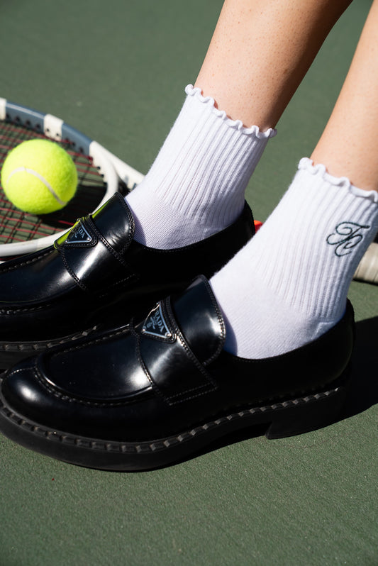 Tennis Club white ruffle crew socks with embroidered TC monogram