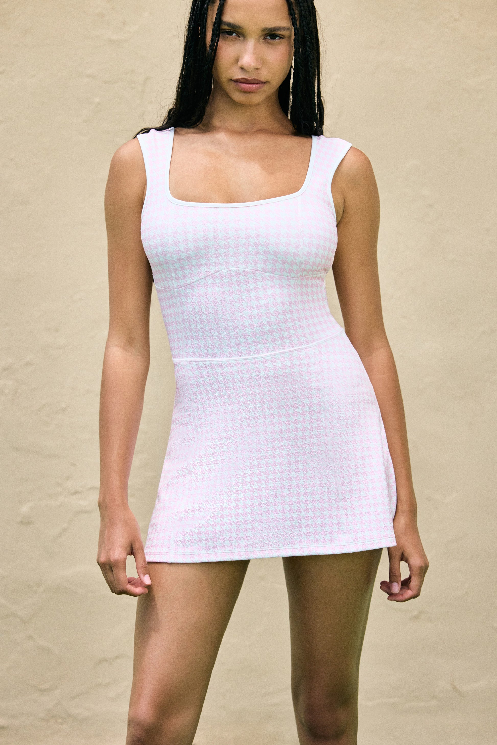 Morgan Dress – pink houndstooth tennis dress, front